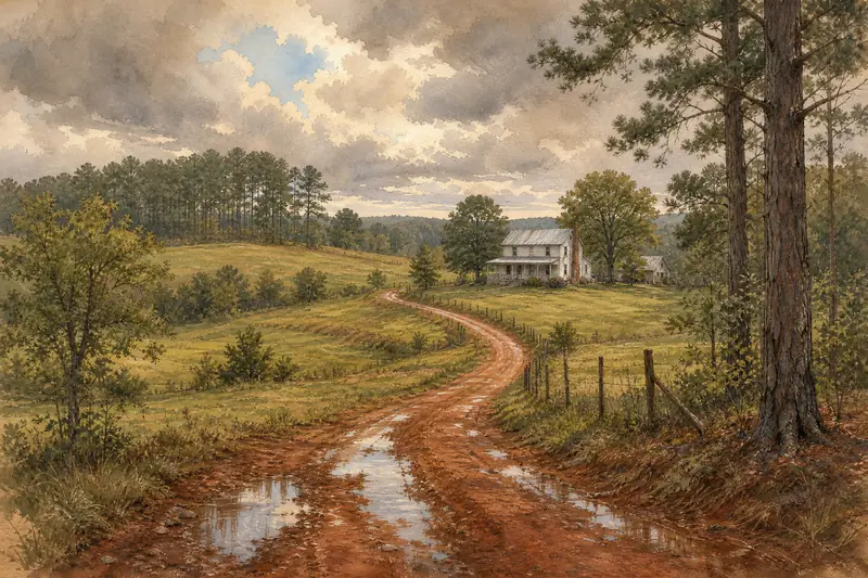 Watercolor of rolling Piedmont farmland with pines, a white farmhouse and a red clay road holding puddles after rain